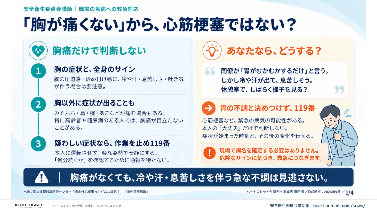「胸が痛くない」から、心筋梗塞ではない？｜胸痛だけで判断しない・胃のむかつきと冷や汗の事例