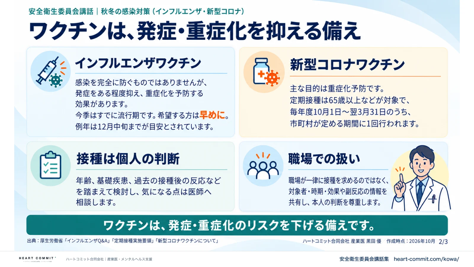 ワクチンは、発症・重症化を抑える備え|インフルエンザワクチン・新型コロナワクチン・接種は個人の判断・職場での扱い